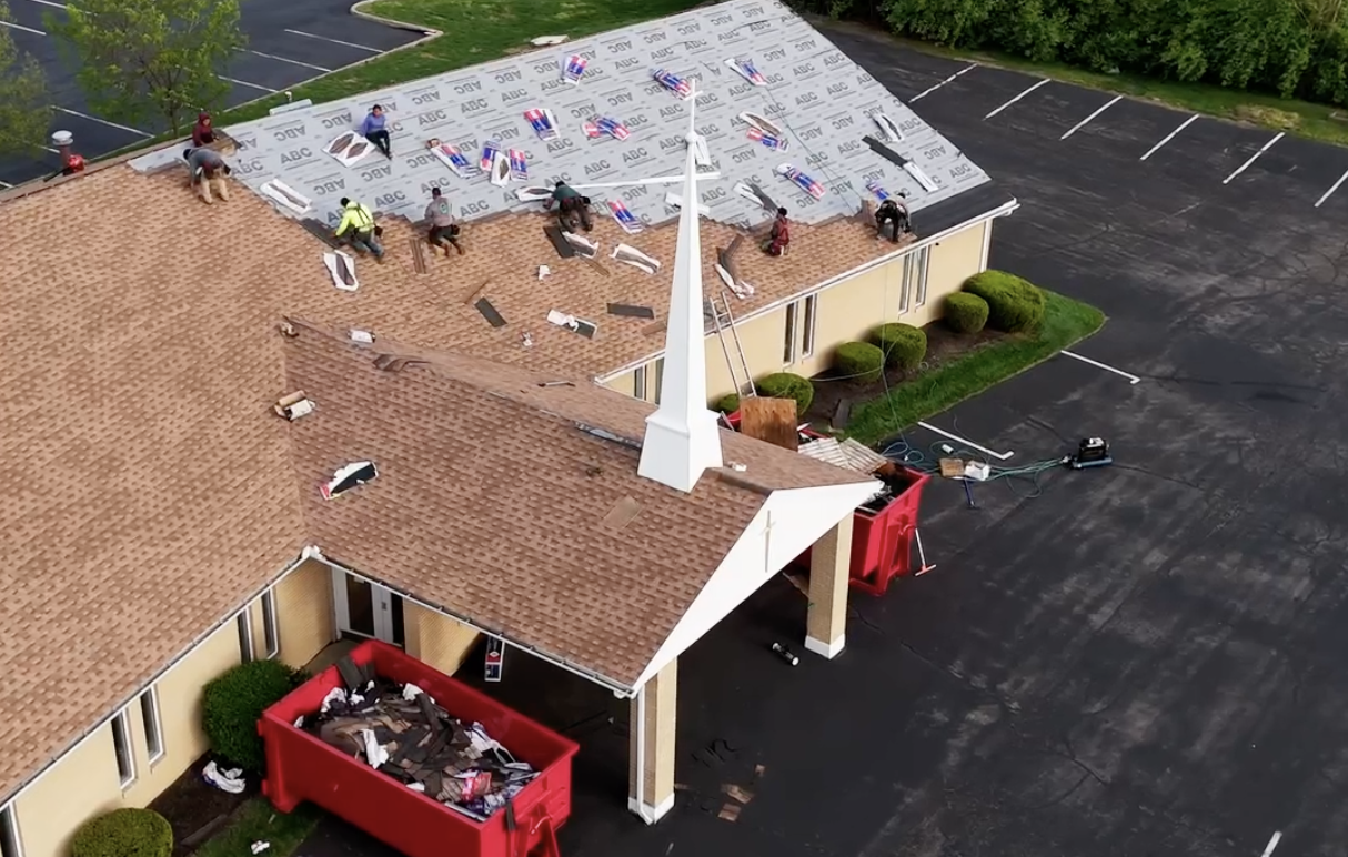 Completed commercial church roof replacement at Grace Family Worship Center in Piqua, Ohio — GAF certified system installed by Peak One Restorations